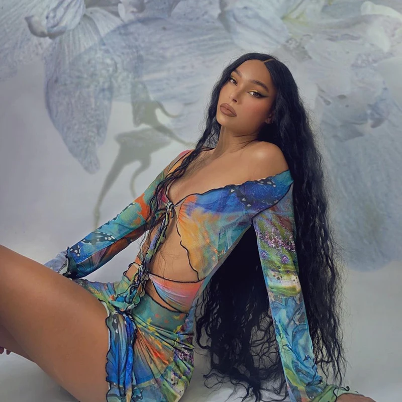 

CuteNOVA M21DS156 Low-Cut Sleeveless Backless Butterfly Print Bodycon Dress for Ladies High Long Sleeve Swimming Ware Dress