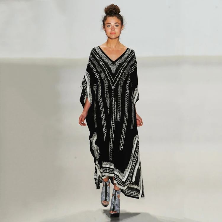 

Unique Rayon V Neck Dress With Black Background And White Pattern Cover Up Women