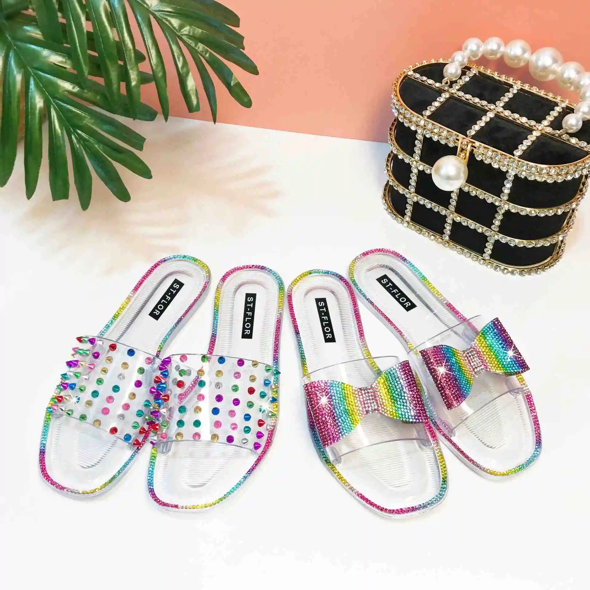 

BUSY GIRL AL5096 New arrivals 2021 transparent diamond bow slippers jelly women's slippers, Black/transparent/colorful