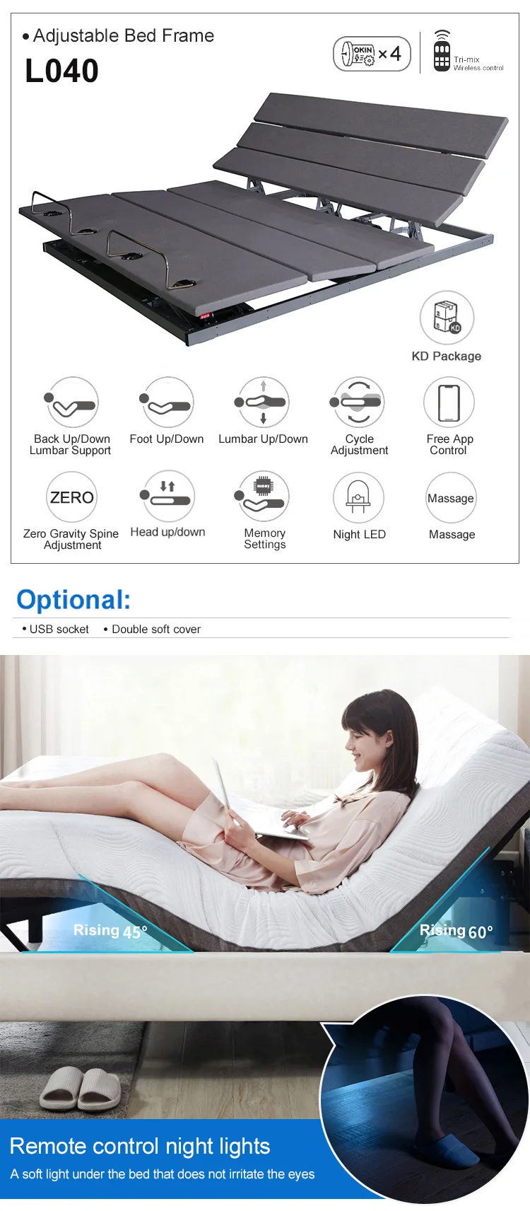 
L040 King Size Anti-snore Function Electric Steel Bed Base 