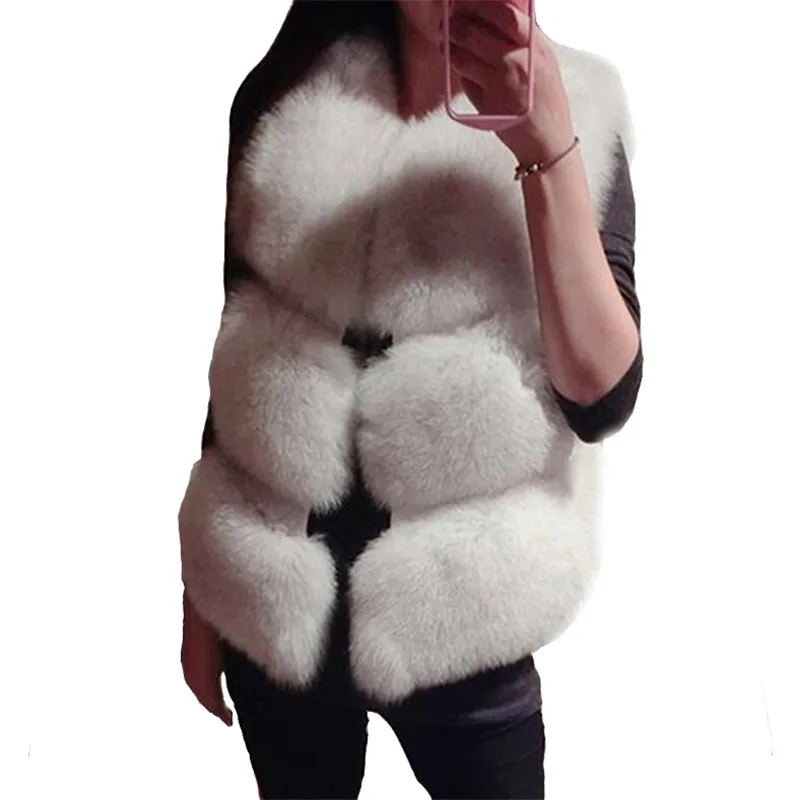 

New Winter Faux Fox Fur Coats Women Thick Waistcoats Warm Women High Quality Vest Candy Color Fashion O Neck Fur Coat, White, pink, gray, black, red, camel,sapphire