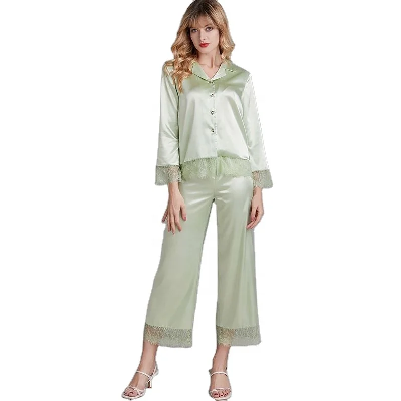 

Kuwulang Wholesale Girl Ladies Elegant Home Wear Sleep Wear Suits Two-Piece Pyjama Sets Women Silk Pants Pajamas Sleepwear
