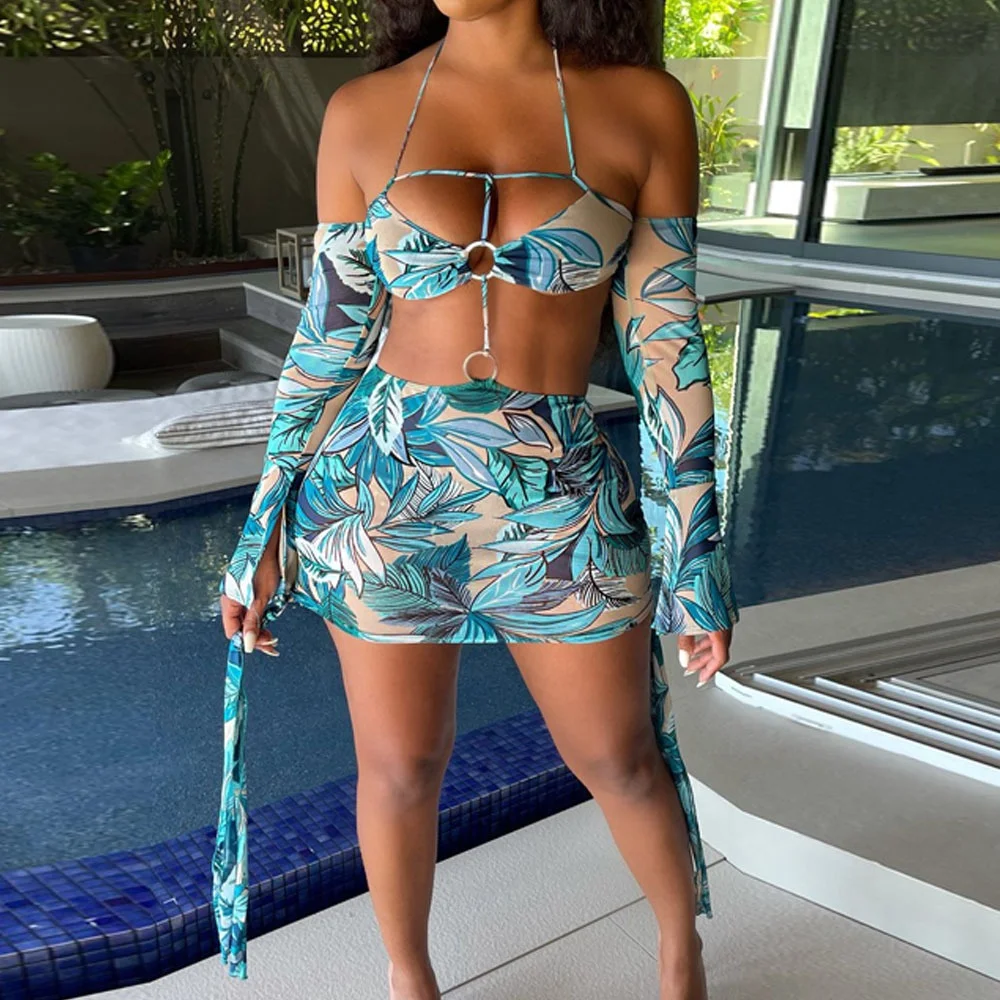 

DressNOVA Floral Print Skirt Women Clothing 2021 Summer Print Navel Bell Sleeve Beach Wear Crop Top Dress