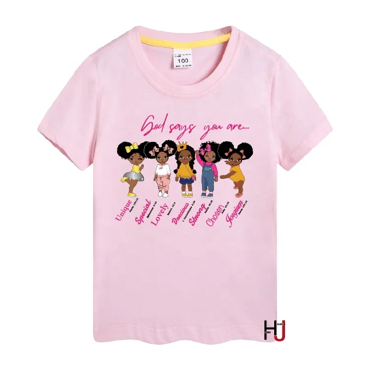 

Black Girl God Says You Are Unique Special Lovely Graphic Children Clothing Cute Peekaboo Black Afro Girl Print Kids T-Shirt, As picture show