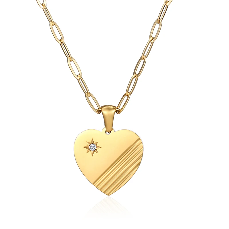 New Model Stainless Steel Jewelry Wholesale PVD 18K Gold Plated Heart Charm Pendant Necklace With Paperclip Chain