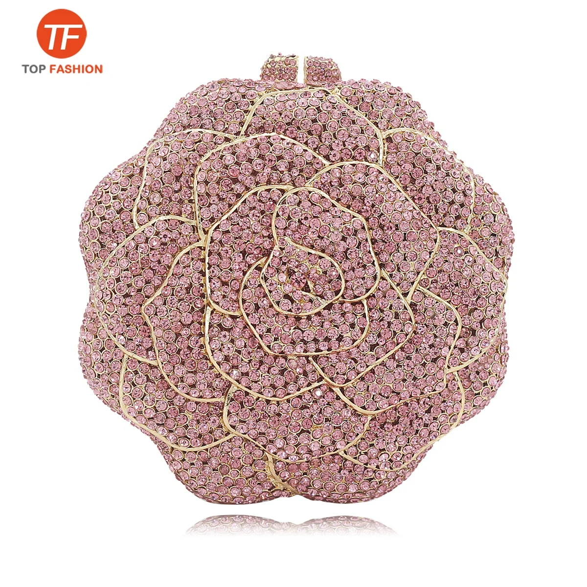 

China Factory Wholesales Luxury Crystal Rhinestone Clutch Evening Bag Wedding 3D Rose Hollow Out Purse, ( accept customized )