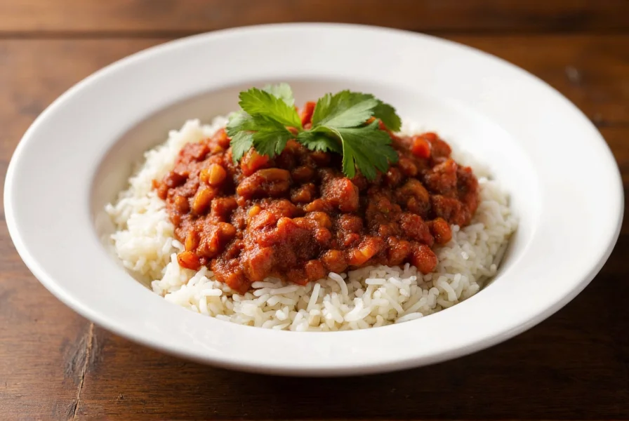 Perfectly plated bowl of chili with rice showing steaming white rice topped with rich red chili and fresh cilantro garnish
