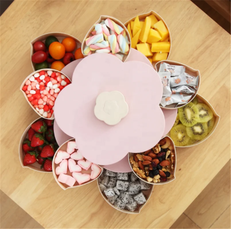 

Flower Shape Food Container Nut Fruit Plate Candy Box Material Double Layer Party Snack Storage Box, Blue+pink