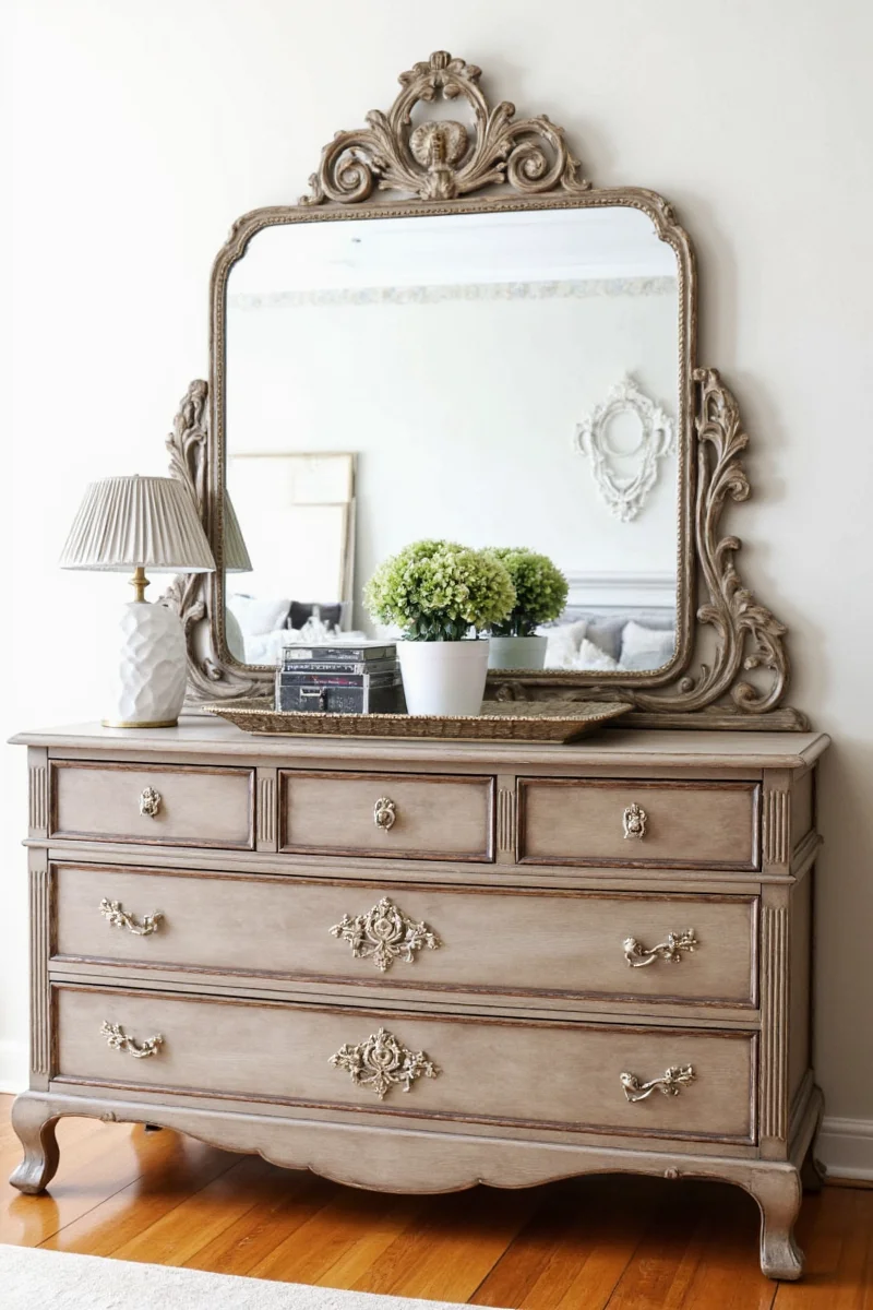 Before and after images of a painted antique dresser