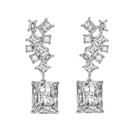 

Square temperament geometric women's earrings long princess square diamond shaped symmetrical zircon earrings S925 silver, White