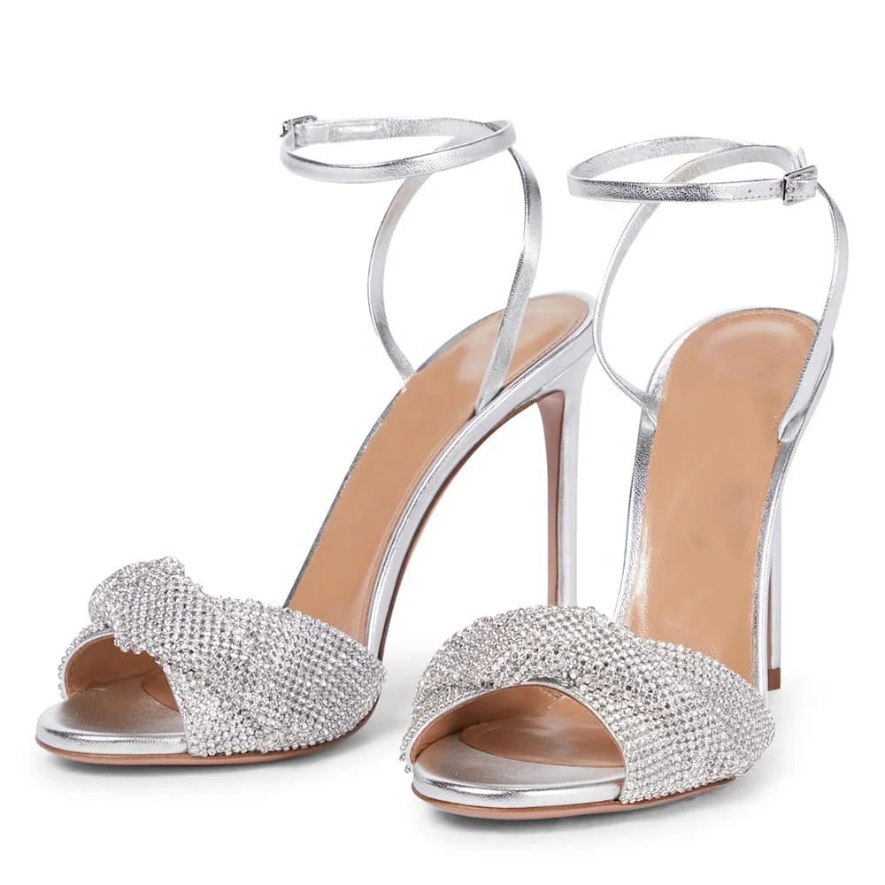 

Silver PU Leather Rhinestone Wedding Shoes High Heels Bridal Sandals for Women Crystal Party Footwear