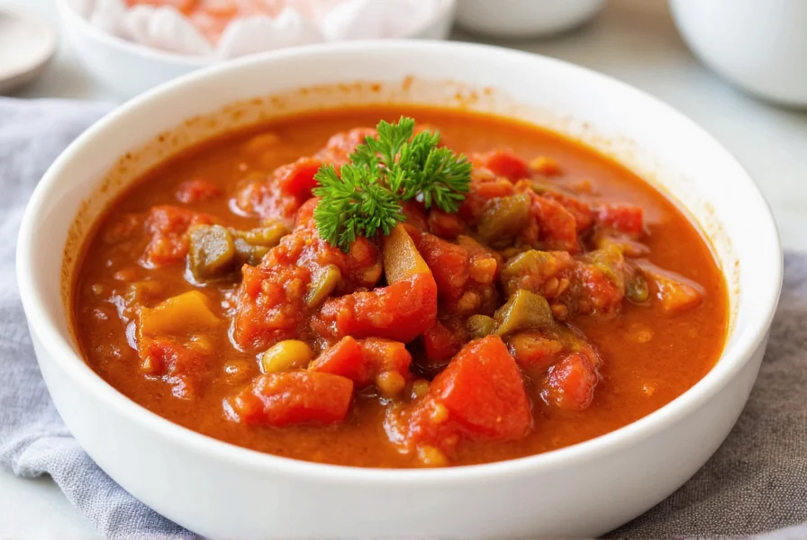 Finished Hungarian pepper stew served in white bowl with fresh parsley garnish