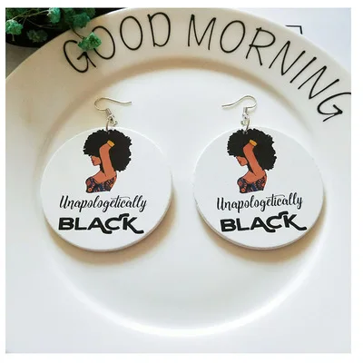 

2021 Trendy Handmade Sexy Black Woman Statement Wooden African Earrings Afro Cool Girl Printed Pendant Earrings For Girl