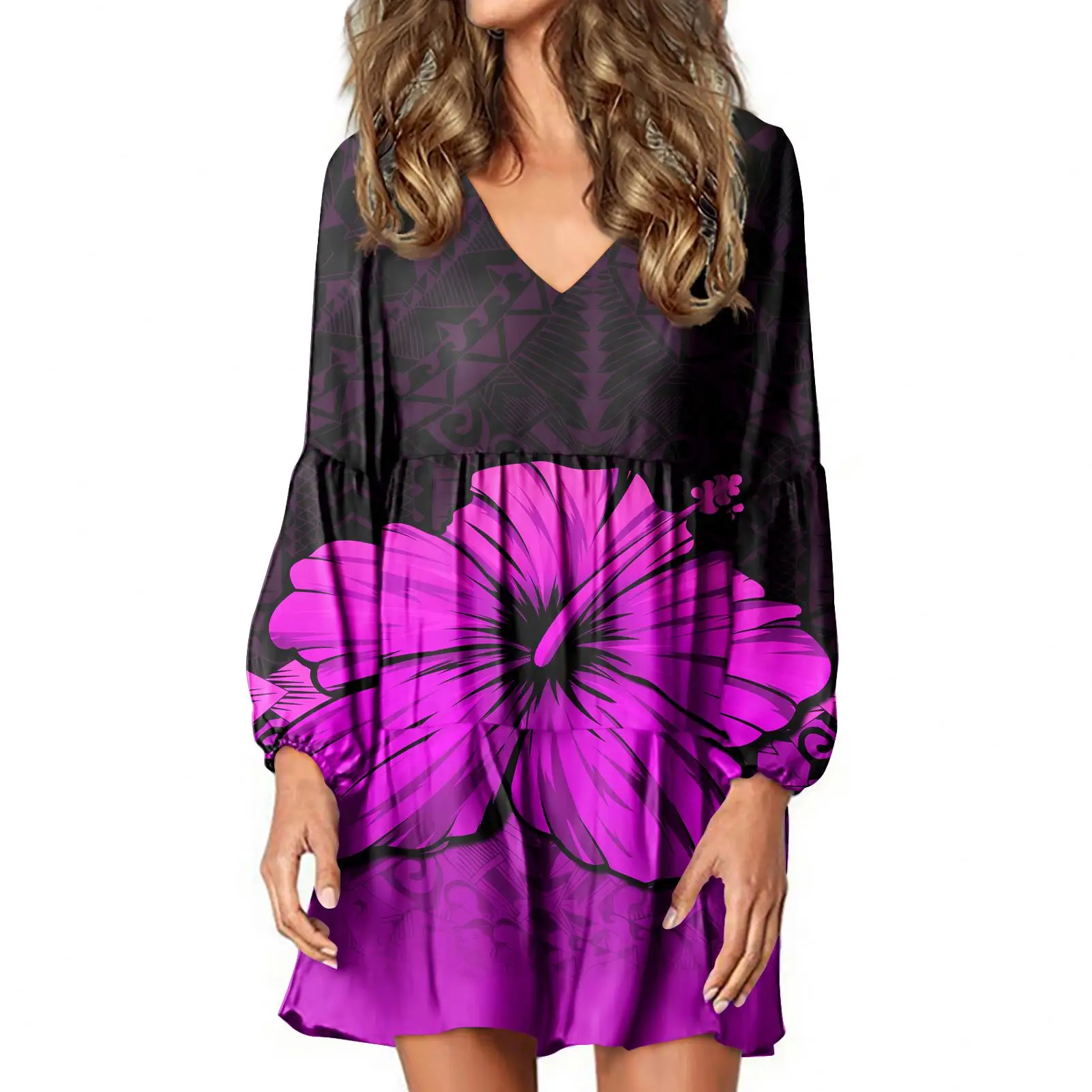

Wholesale Samoa Hibiscus Polynesian 3D Print Women Mini Dress Plus Size V-neck Casual Women's Lantern Long Sleeves Dress, Customized color