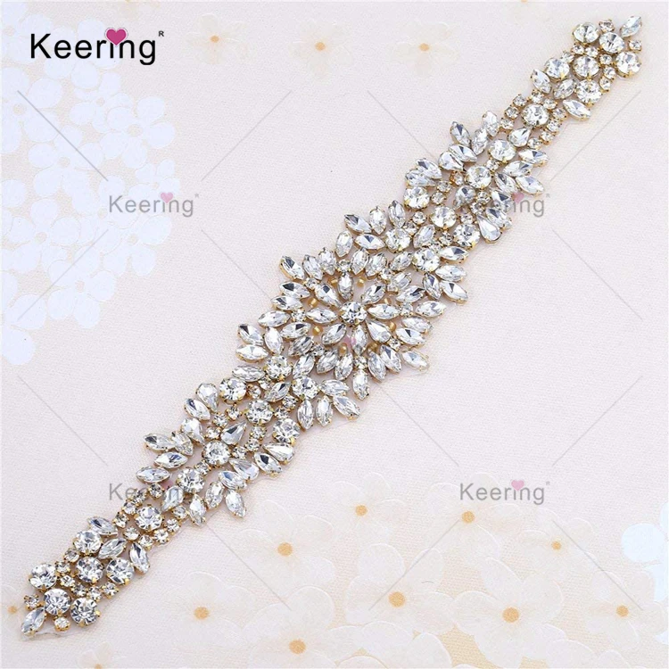 

Amazon hot Luxury Bling handmade bodice Crystal big glass Rhinestone Applique Trims 6cm for Bridal Belts WRA-562, Royal bule and clear stone