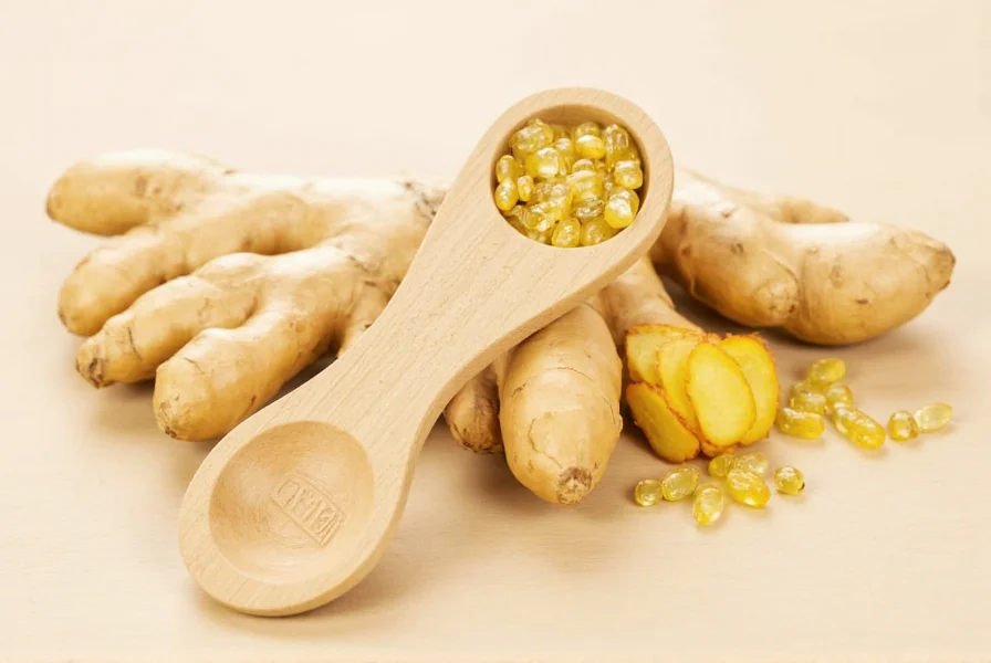 Fresh ginger root with measuring spoon showing proper dosage for weight management