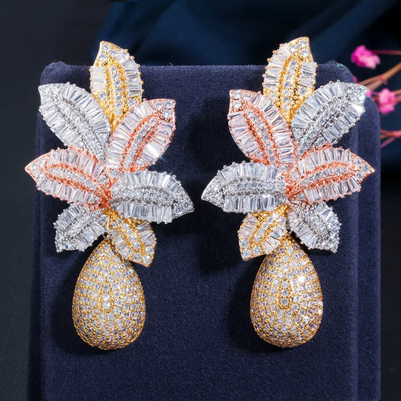 

3 Tone Gold Plated Super Luxury Large Leaf Drop Flower Micro Cubic Zirconia Paved Naija Wedding Party Earring for Women