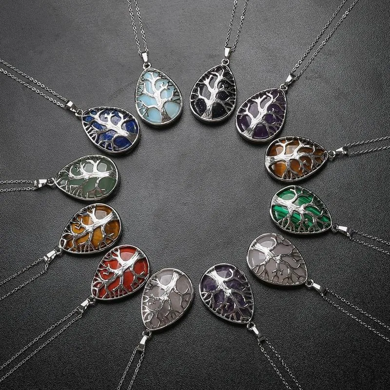 

Whaterdrop Shaped Natural Gemstone Gem Stone Tree Of Life Pendant Water Tear Drop Necklace For Women Men Jewelry Making, Silver