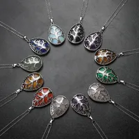 

Whaterdrop Shaped Natural Gemstone Gem Stone Tree Of Life Pendant Water Tear Drop Necklace For Women Men Jewelry Making