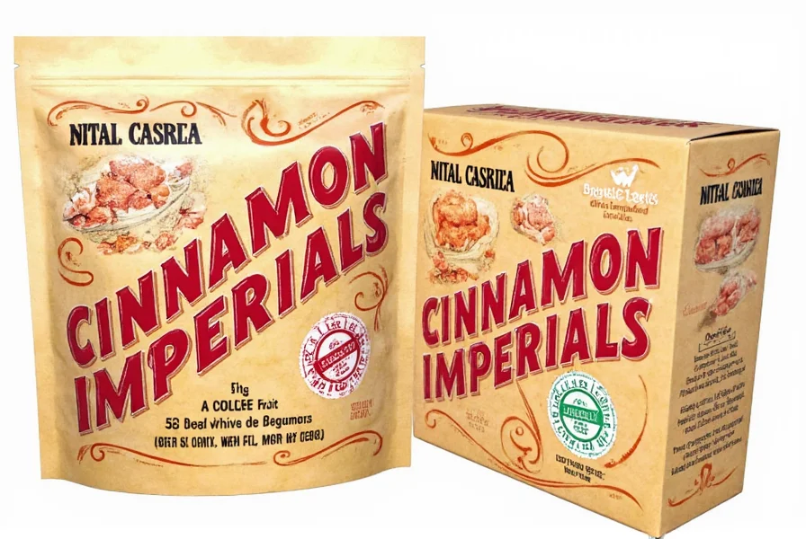 Vintage candy store display featuring Cinnamon Imperials alongside other traditional hard candies in glass jars