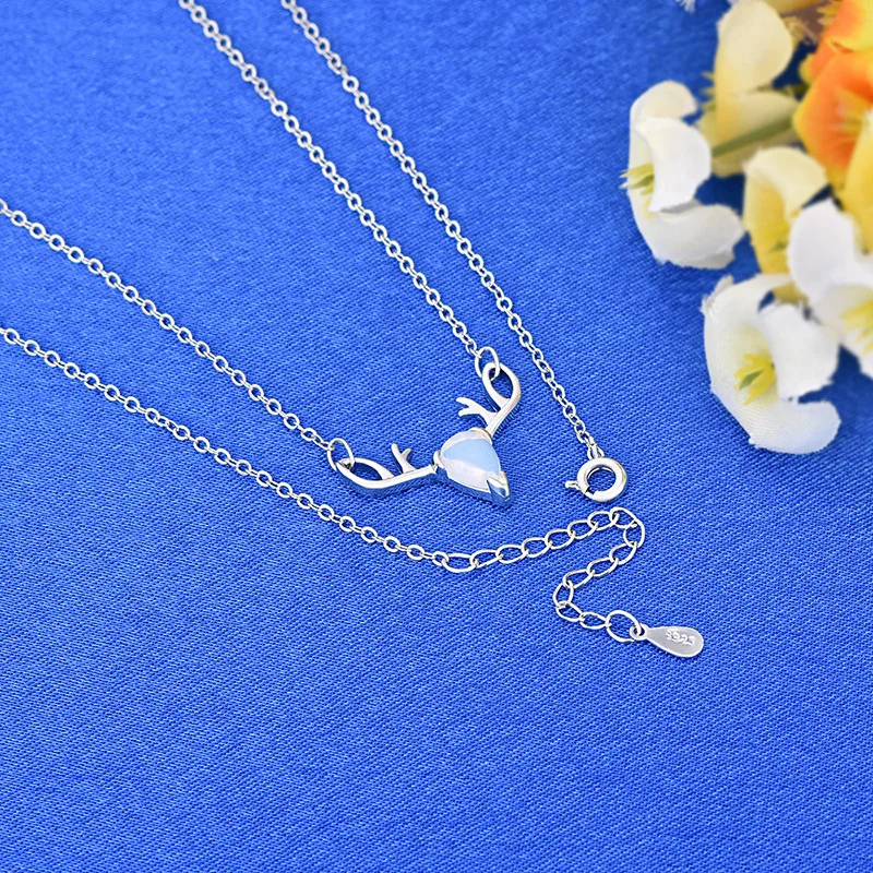 

JUHU Christmas Silver Moonstone Elk Necklace Clavicle Chain Pendant Simple Deer Has Your Antler Neck Chain Gift