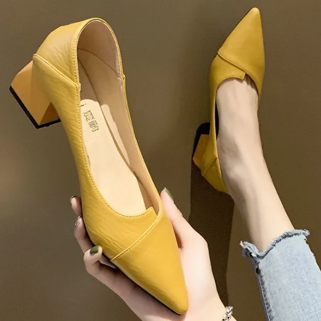 

2021 ladies pointed toe shoes thick heels women korean fashion shoes