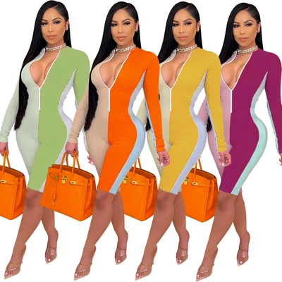 

Women Clothing Multicolor color strip stretch skinny Long Sleeved V-neck Jumpsuit women, As show