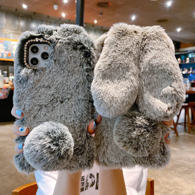 

3D Rabbit Furry Fur Phone Case For iPhone 12 Pro 11 Pro Max XR XS Max X 6S 7 8 Plus 12Mini 11Pro Soft Cute Rabbit Ear Back Cover