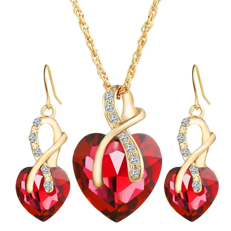 

Fashion Jewelry Women Necklace Earrings Wedding Set Zircon Crystal Heart Necklace, Black;purple;white;blue;red;green