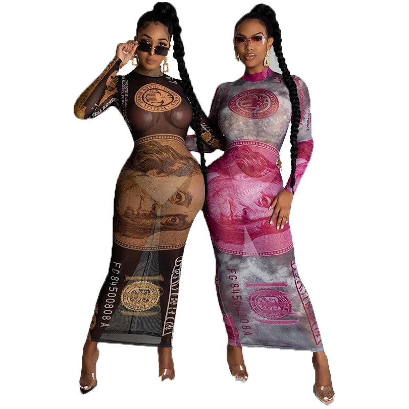 

2021 women's spring/summer new American gold print gauze see-through sexy long sleeve dress