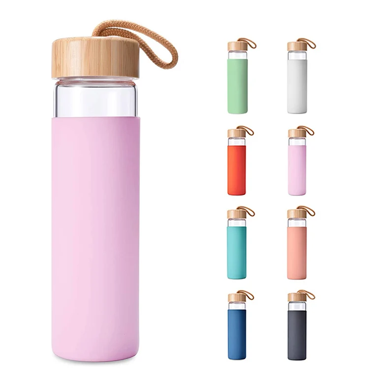 

Custom Eco-Friendly 600ml 20oz bamboo lid sport glass water bottle with silicone sleeve, Customized colors acceptable