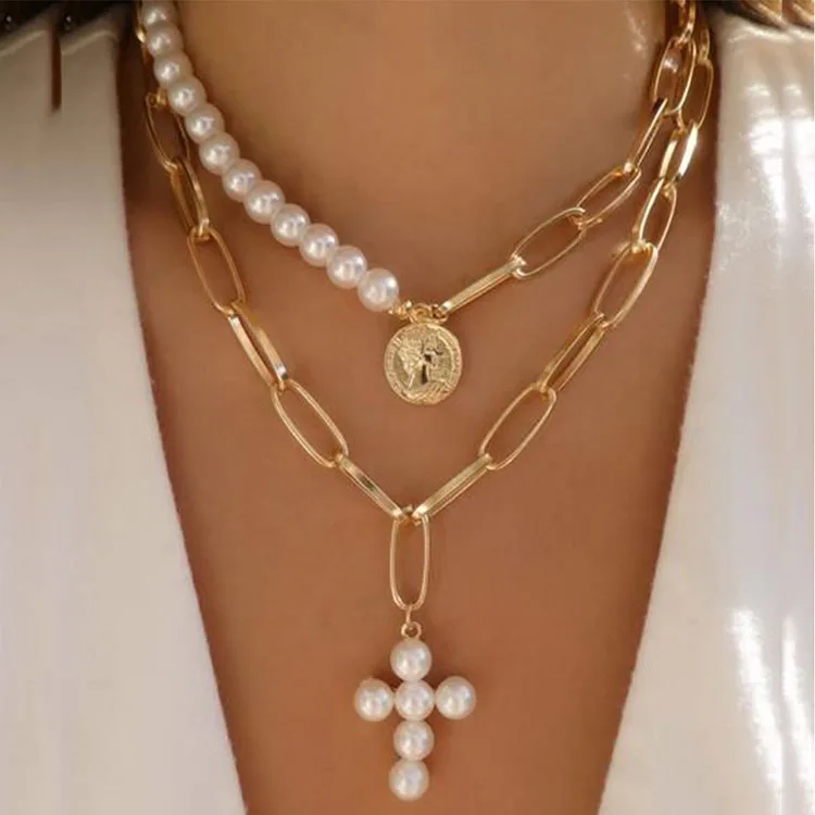 

Chic Gold Plated Stainless Steel Paperclip Chain Pearl Coin Statement Pendant Layering Necklace Jewelry,Cross Pendant Necklace