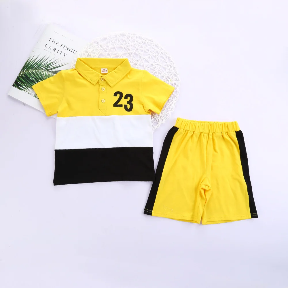 

Baby boy's clothes yellow, white and black 3 color splicing short-sleeved T-shirt + shorts 2 piece children's wear