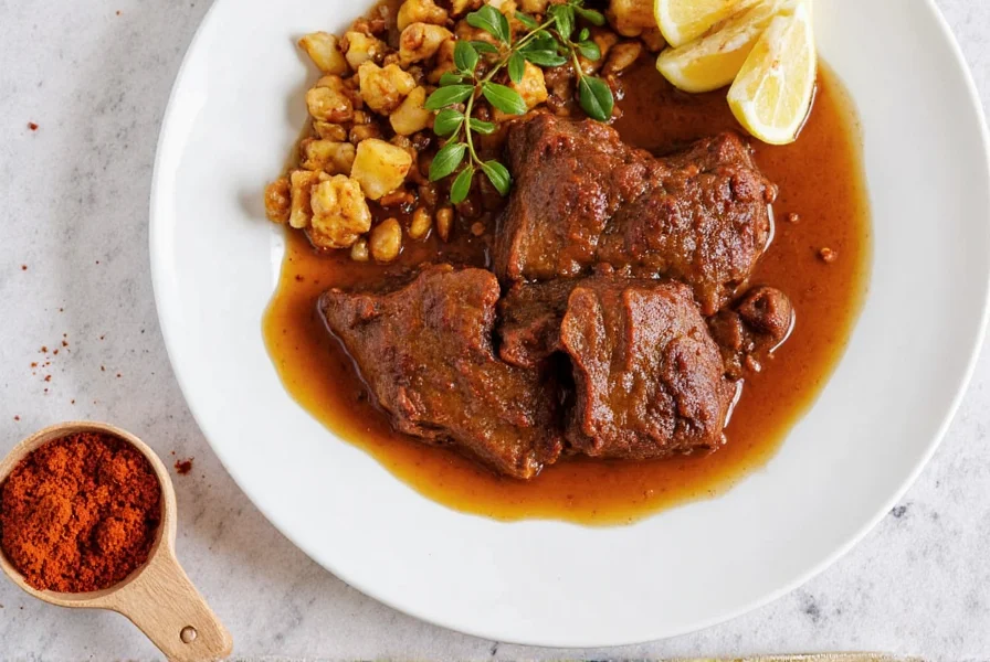 Sliced pot roast with gravy served on a white plate