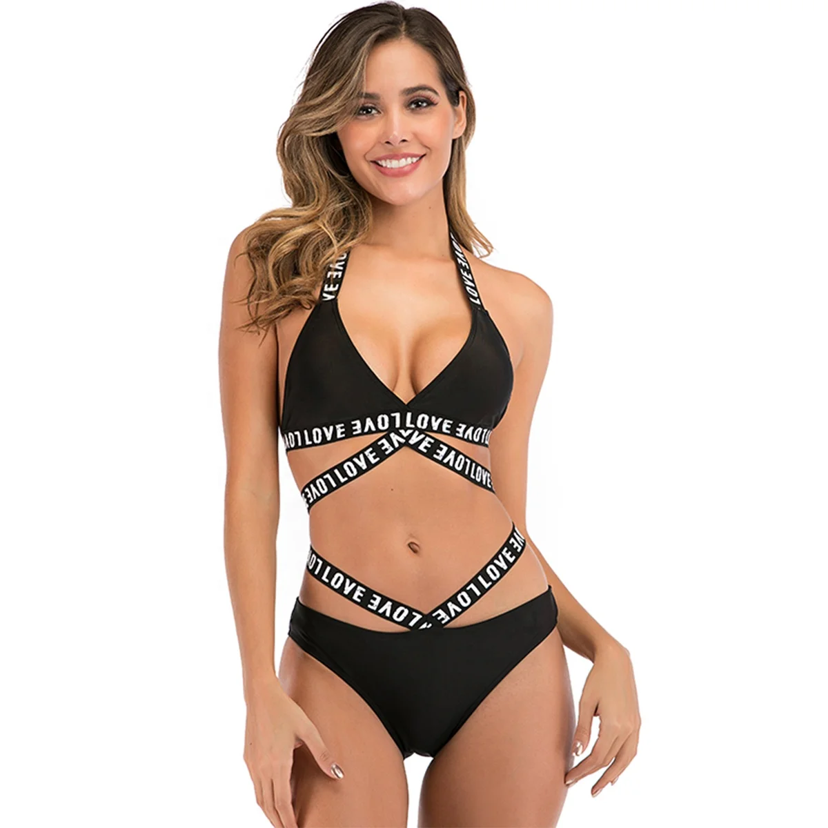 

Wholesale Fashion Trendy Woman Custom Black Elastic Band Letter Print Bikini