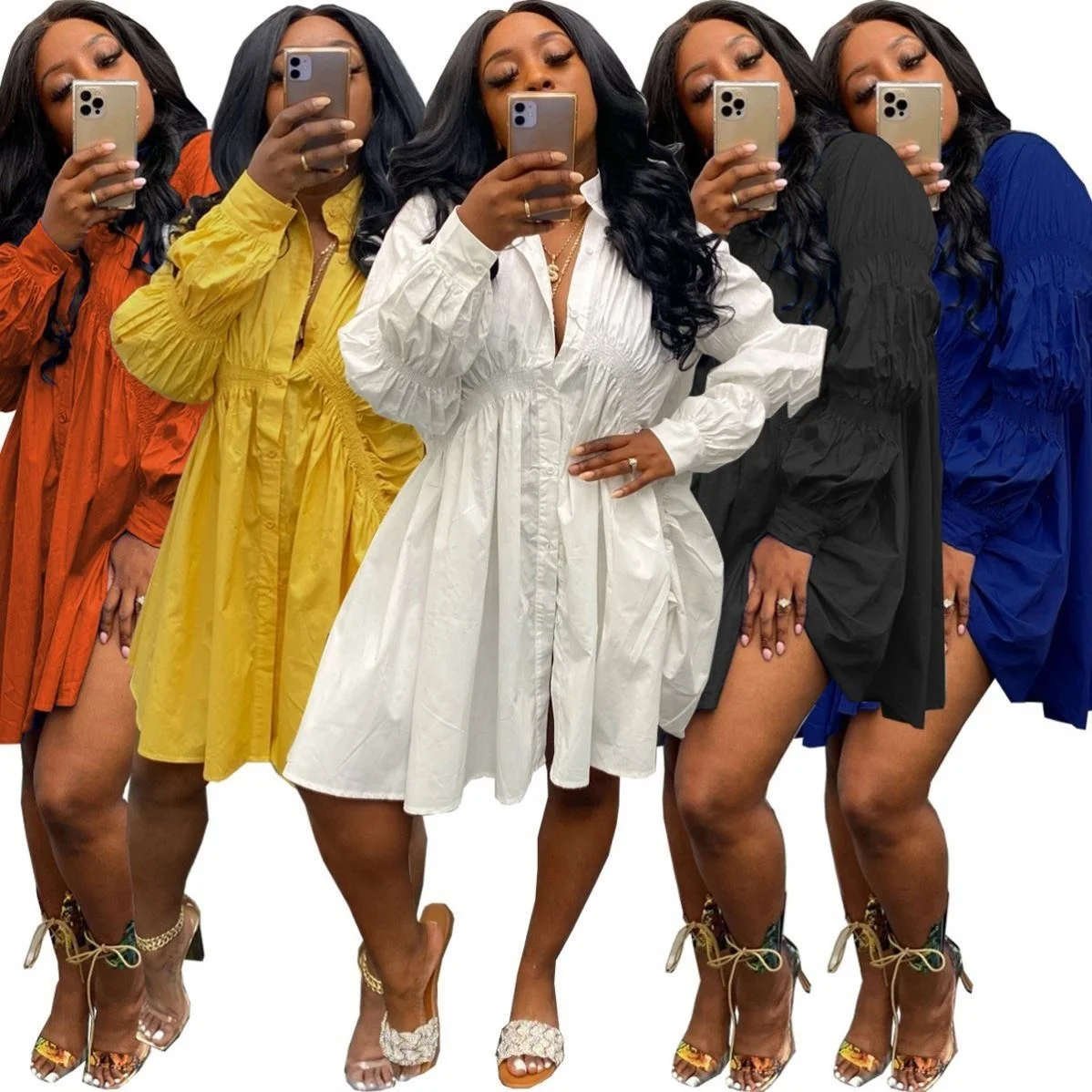 

New Arrival Solid color Casual Loose midi dress women long sleeve Button Closure irregularity Pleated shirt dress, As picture or customized make
