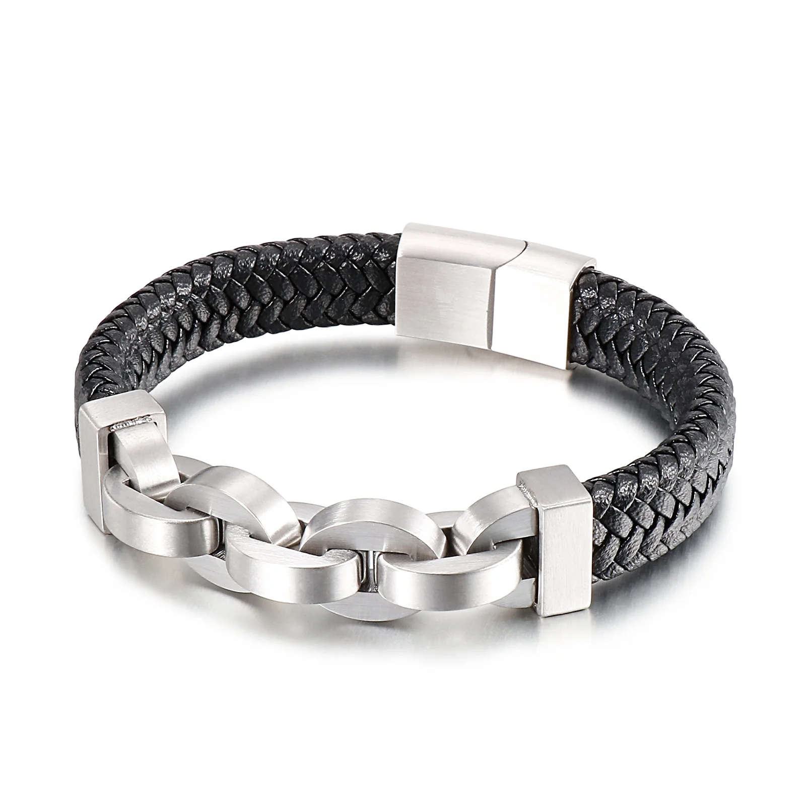 

KALEN Stainless Steel Round Chain Splice men's Cowhide Braided Genuine Leather Bracelet With Magnetic Clasps
