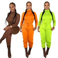 

9112229 high collar long sleeve solid color drawstring casual Ladies Two Piece Set Women Clothing