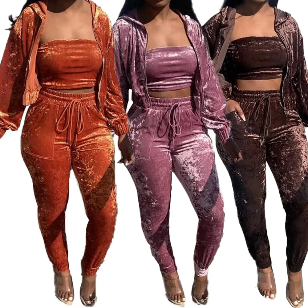 

2021 Fall Clothing 3 Piece Set Zipper Hoodies Crop Top And Pants Jogging Suits Sweatsuit Women Velvet Tracksuit