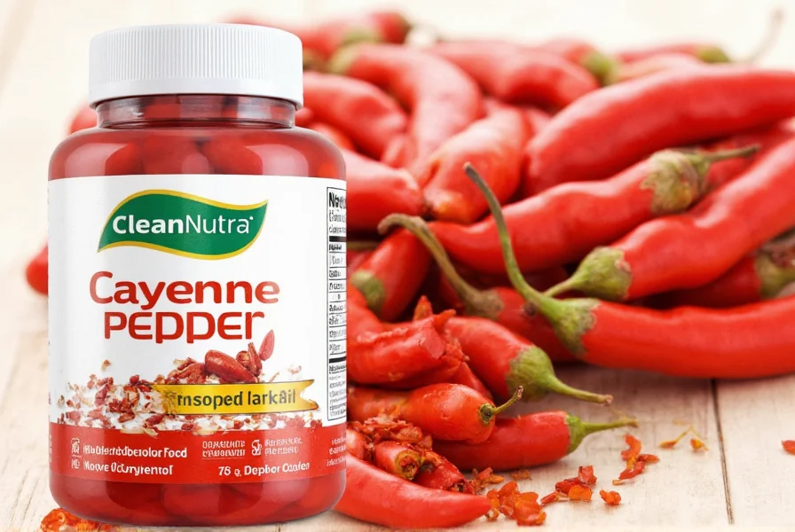Comparison graphic showing Clean Nutra Cayenne Pepper capsules alongside measuring spoon with cayenne powder and standard supplement bottle