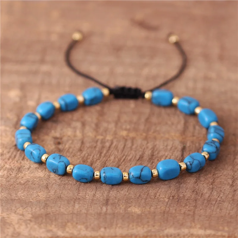 

Simple Boho Smooth Raw Free Form Natural Stone Turquoise Beads Bracelet Tibetan Adjustable Gemstone Women Jewelry Dropshipping