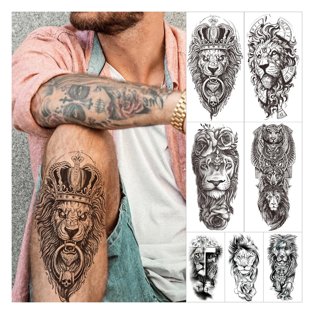 

Custom Wholesale Crown Wolf Lion Tiger Animal Arm Tatto For Men Women Temporary Tattoo Sticker, Matte blue