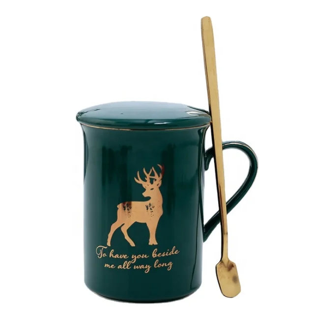 

Gold Deer Gold Handle Coffee Mug Ceramic Ceramic Cup Office Milk Coffee Cups And Mugs Coffe Creative Gold Mugs With Lid Spoon, Black,white