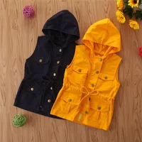 

Children Wear Fashion Kid Girl Winter Hooded Sleeveless Jacket Children Girl Yellow Vest Pocket Outdoor Wear winter Waistcoat