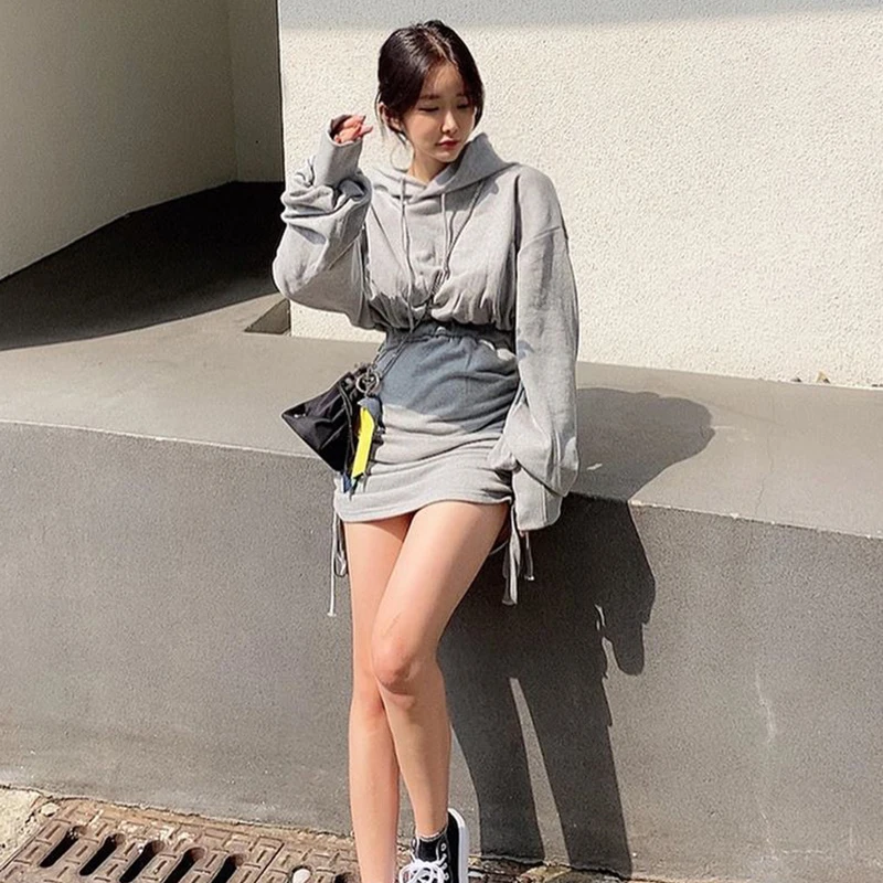

Casual Hooded Drawstring Waist Show Thin Dress Fashion Versatile Solid Color Long Sleeve Women's Mini Dress, Gray;black