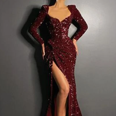 

Burgundy sequin sexy woman's evening dress with high slit and long sleeve party dress, Picture