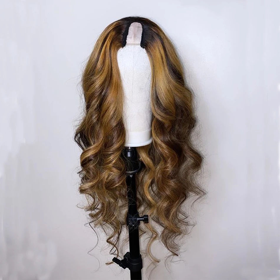 

10A grade Highlight Body Wave Indian Human Hair U part Wigs for Women Middle Open 1*4 U part Wigs 180Density