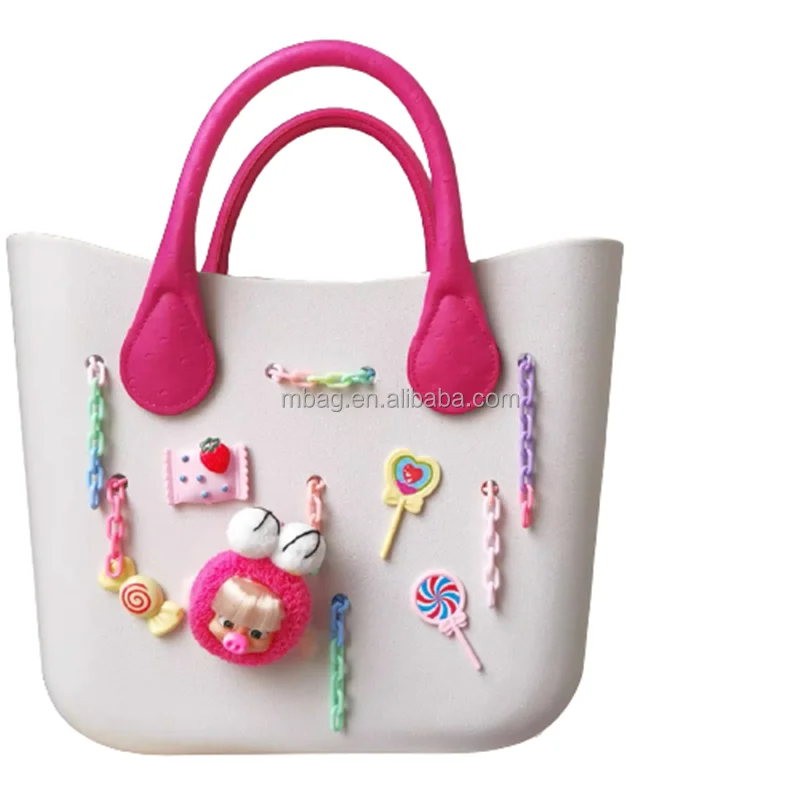 

Design Leather Handle EVA Waterproof Shopping Bag Silicone Beach bag with charms Accessories, Accept customized color