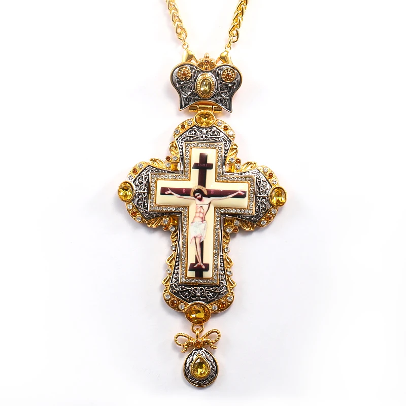 Orthodox Religious Gold and Black Gun Plated Color Pectoral Cross Necklace with Luxury Yellow Stones