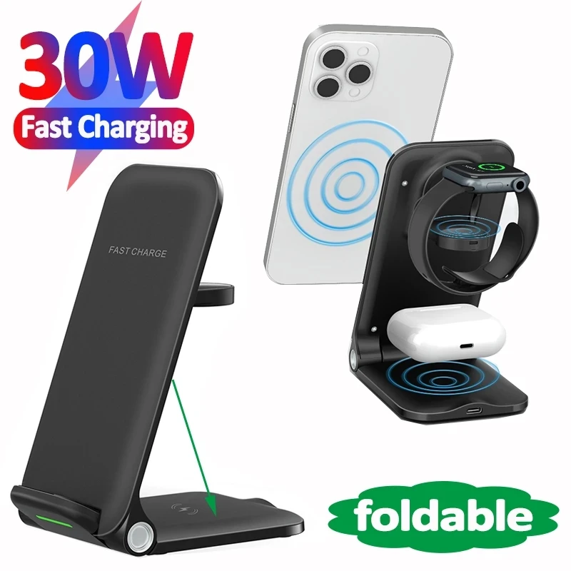 

3 in 1 Wireless Charger Foldable Stand Pad Qi Fast Charging Wireless Charger for iPhone 13 for iWatch for Airpods, Black, white